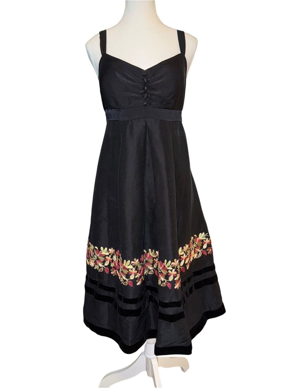 Sue Wong 100% Silk Floral Embroidered Black Midi Dress Size 6 Velvet Trim